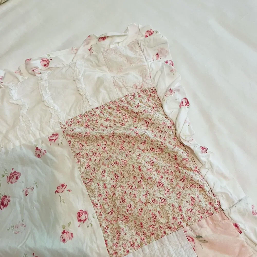 Vintage Simply Shabby Chic Pink Rose Floral Quilt Ruffled Throw Pillow Cover